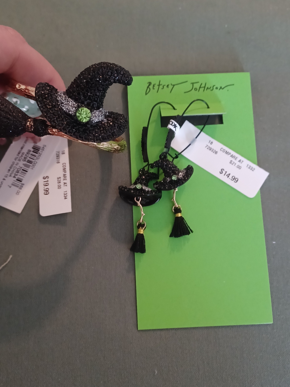 Betsey Johnson Black and Green Witch Hat Earrings And Bracelet Set